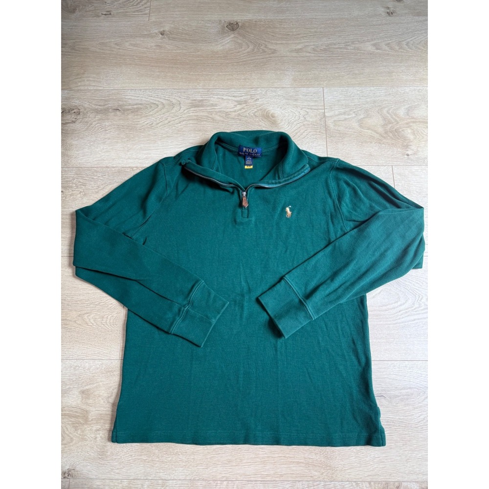 EUC Kids Boys Polo Ralph Lauren green half zip polo shirt 100% cotton sz L 14-16